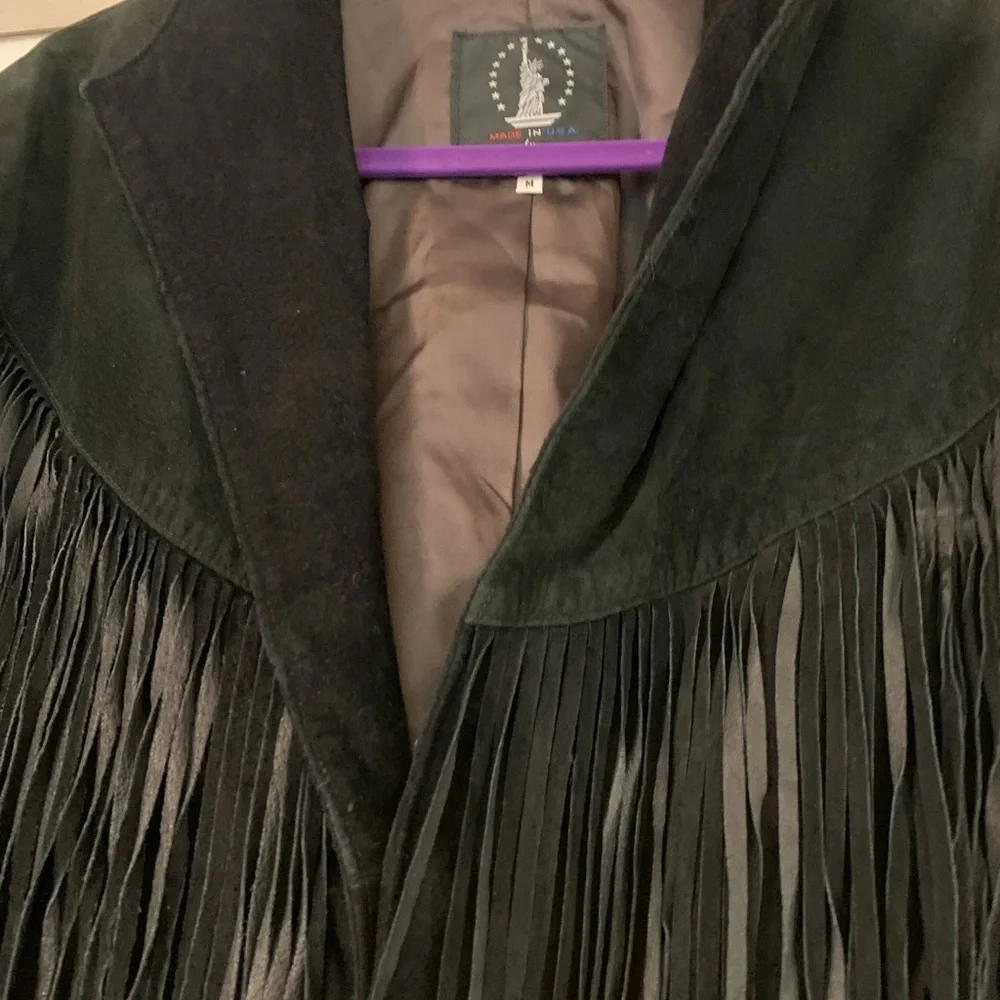 Vintage Black Fringed Cropped Suede Leather Jacket for Women, size Medium - Picture 5 of 6